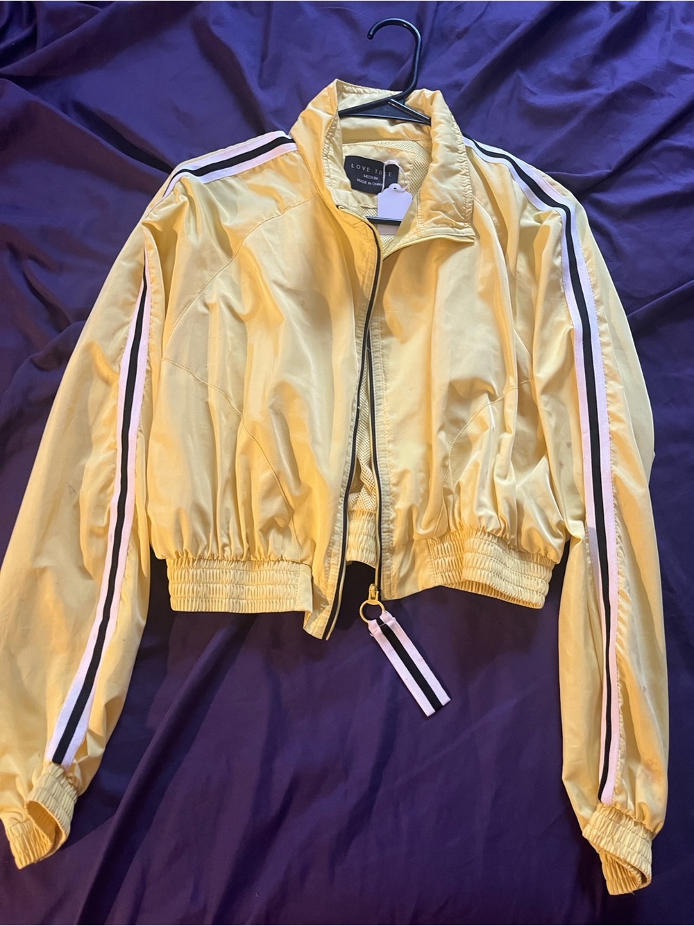 Love Tree Sunny Yellow Cropped Bomber Jacket with Stripe Trim